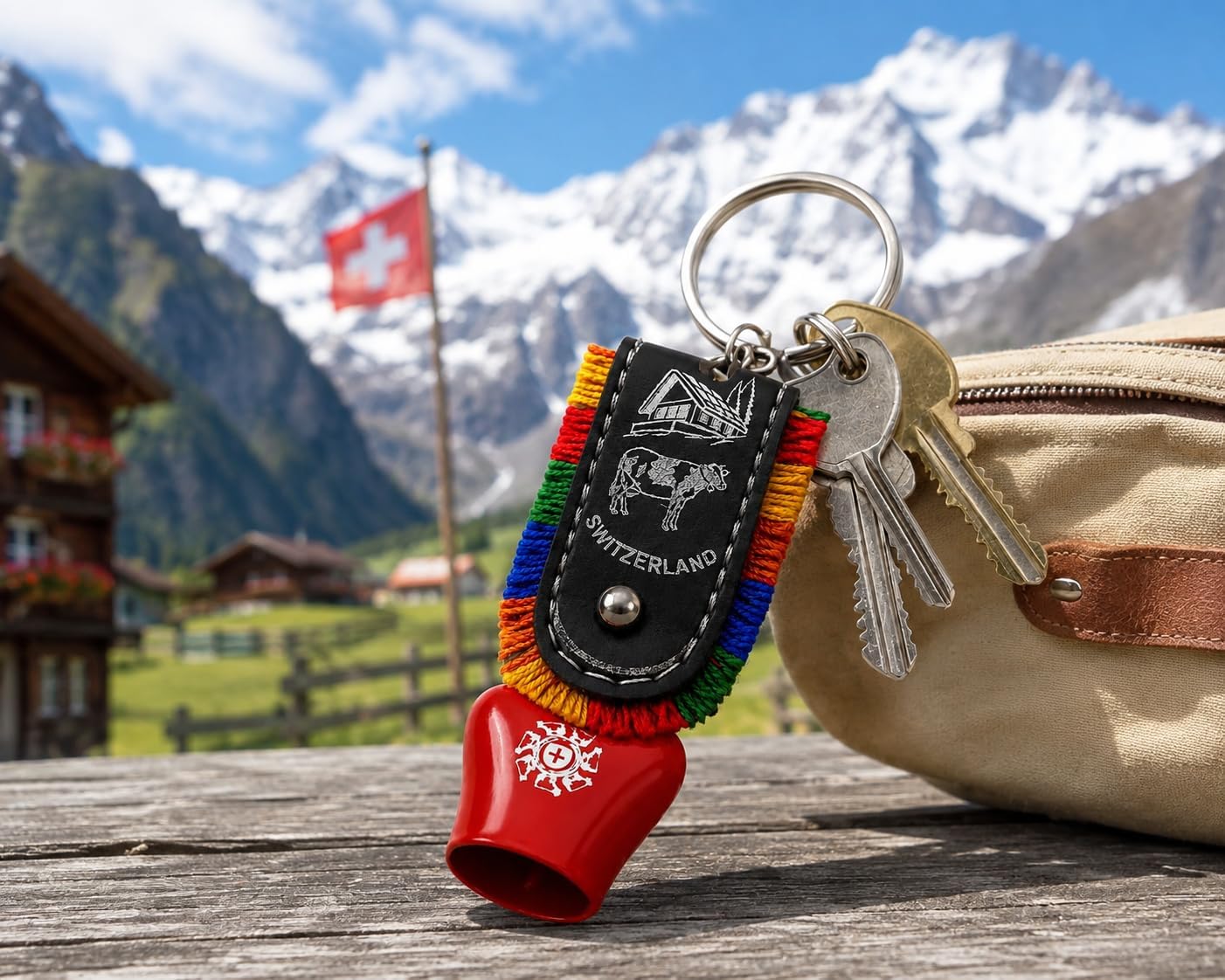 Swiss Cow Bell Keychain, Metal Vastu Bell Hanging Charm, Colorful Rope Cowbell Key Ring, Decorative Good Luck Gift for Car, Home, Backpack, Purse & Keys