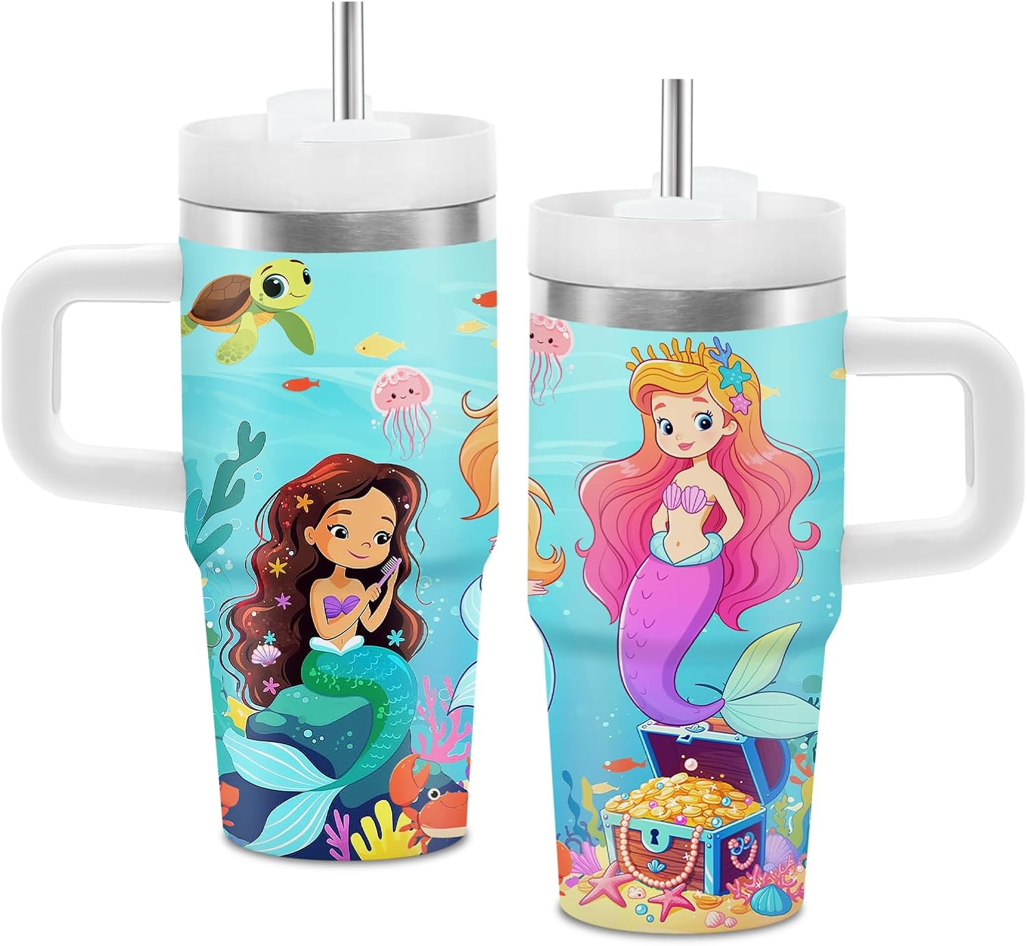 Hiboss Mermaid Tumbler with Handle and Straw for Kids 14oz, Insulated Stainless Steel Little Mermaid Girls Cup Mug, Birthday Christmas Gifts for Kids Girls