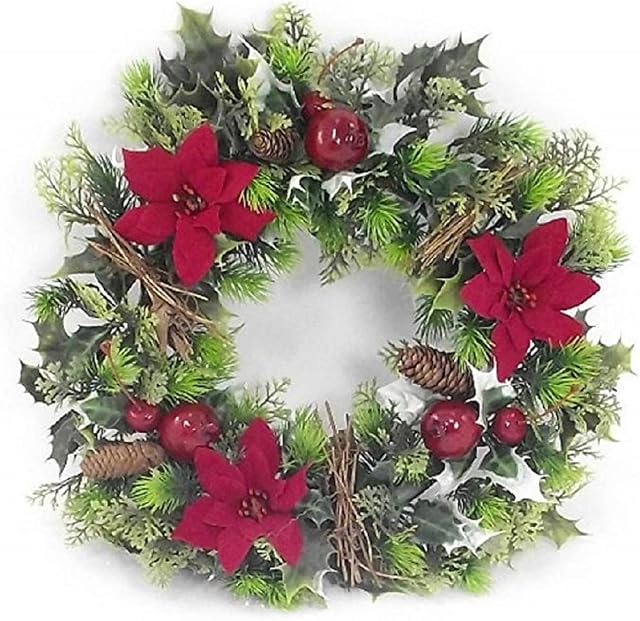 16" inch Artificial Red Poinsettia & Holly Christmas Wreath for indoors and outdoors