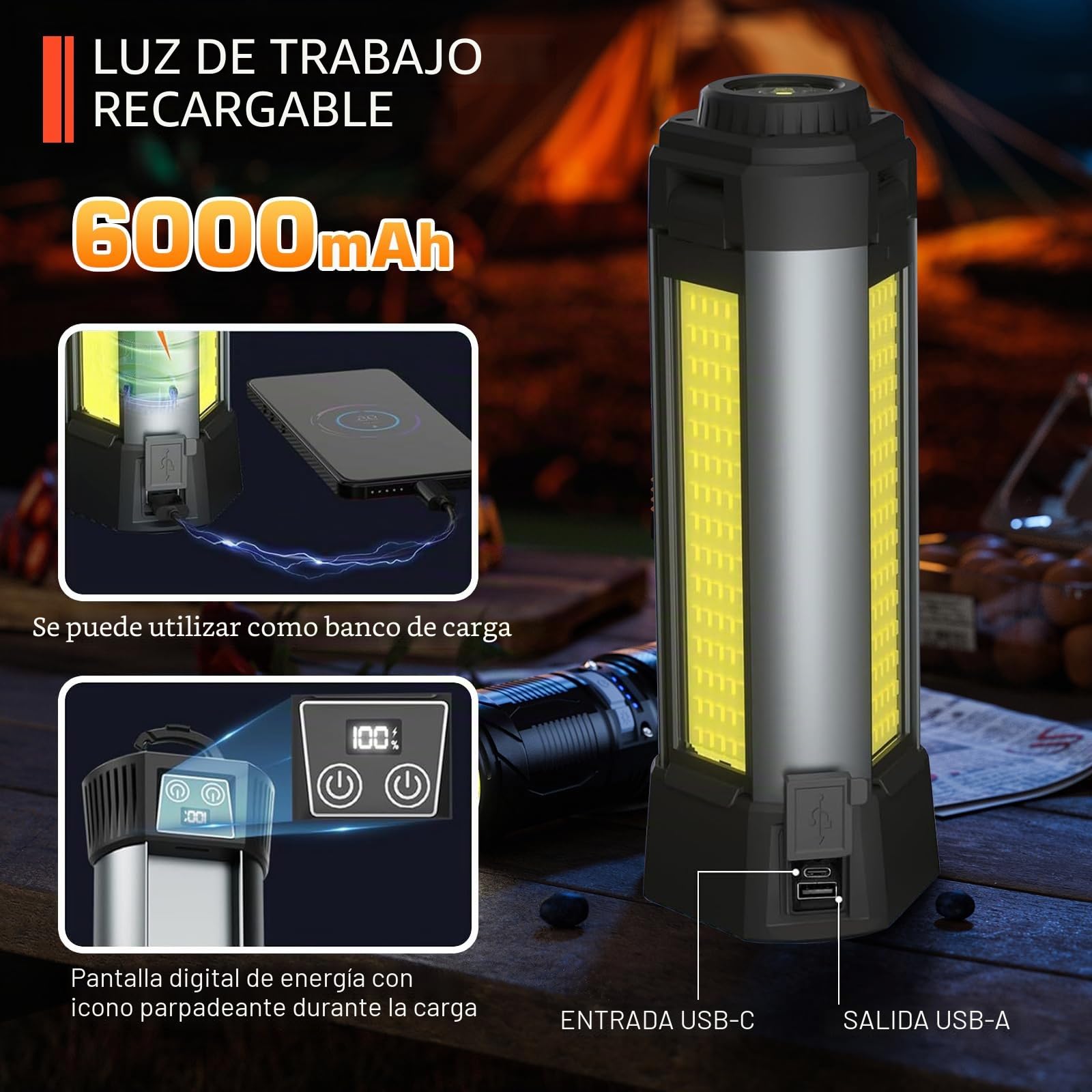 Lámpara Camping con 6000 mAh, 3 Temperaturas de Color Regulables, Superbrillante, Luz de Trabajo Inalámbrica Recargable, Con Trípode Extensible, 2000 Lúmenes, Para Camping, Reparación de Coches