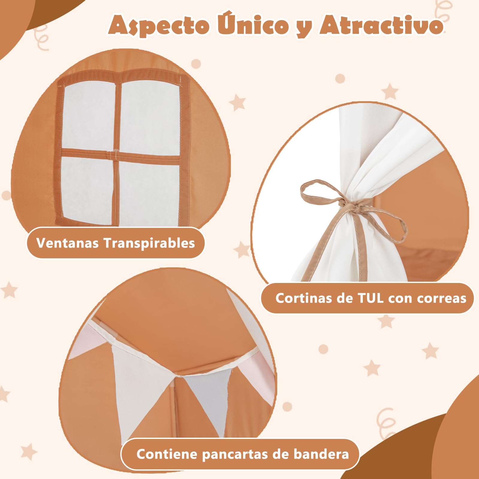 COSTWAY Tienda Campaña Infantil Niña, Carpa de Juegos Infantiles con Colchoneta Lavable y Banderín, Casita para Niños con Ventanas, Cortinas, Estructura de Madera para Niños 3+ Años (Marrón)