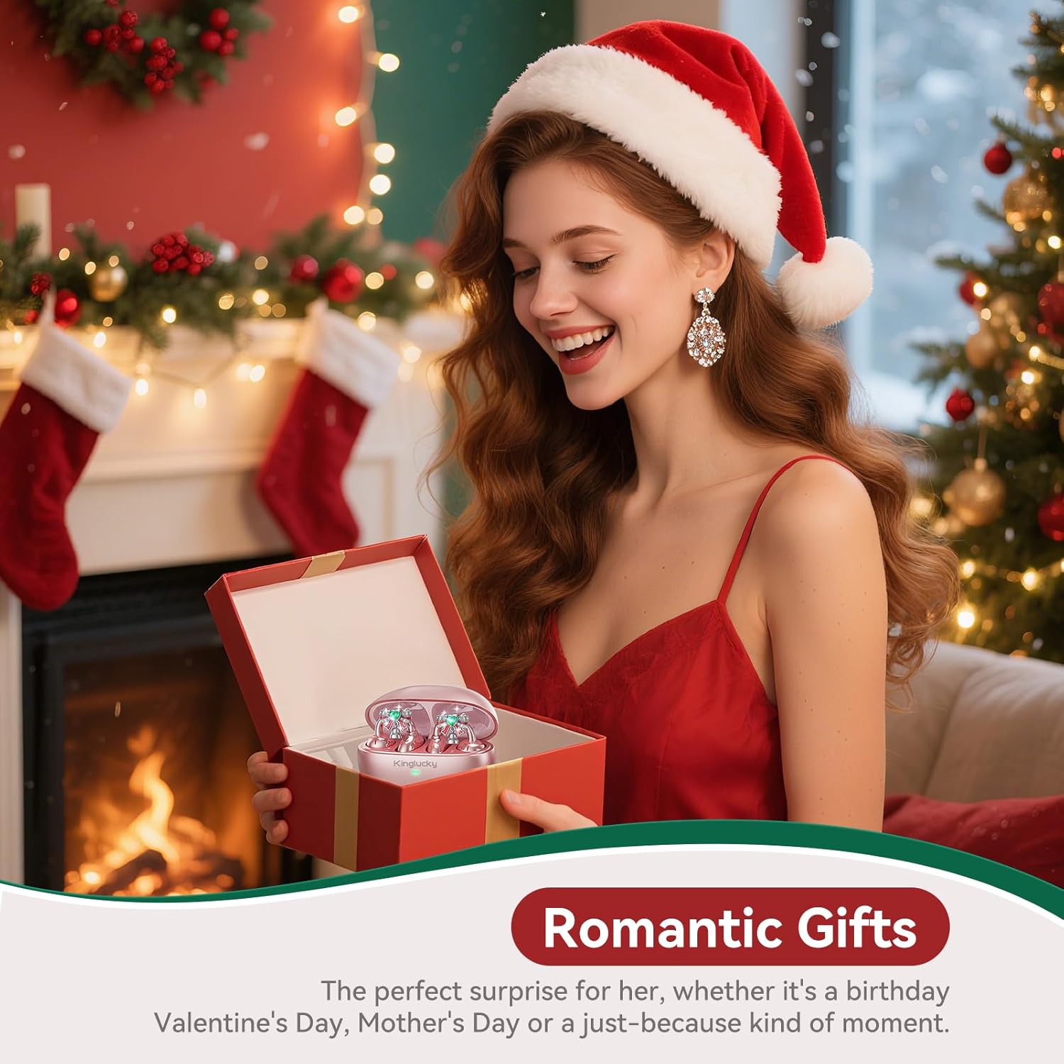 Kinglucky Open-Ear Clip-On Earbuds for Women with Detachable Holiday Bows, All-Day Comfort, Secure Fit, Lightweight Bluetooth 5.4 Wireless Earbuds 50H Playtime, Gift for Her, Clear Calls, Rose Gold - Image 7