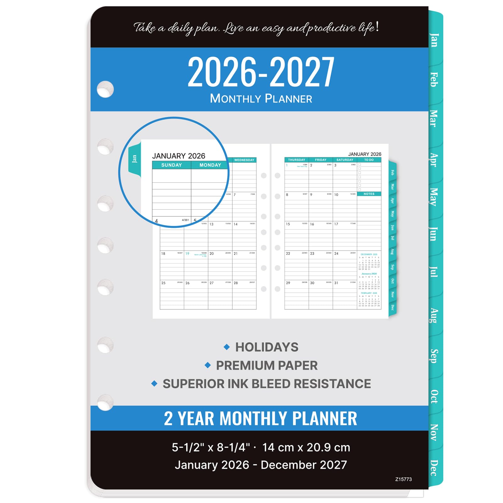 2026-2027 Monthly Planner Refill - Planner Inserts with 7-Hole Punched, 5-1/2" x 8-1/2", Runs from January 2026 to December 2027, Two Pages Per Month, Monthly Calendar with Tabs