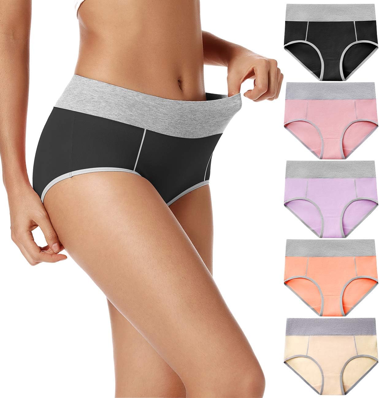 POKARLA Women's High Waisted Cotton Underwear Soft Breathable Panties Stretch Briefs Regular & Plus Size 5-Pack, Multicolored-5pack, XL