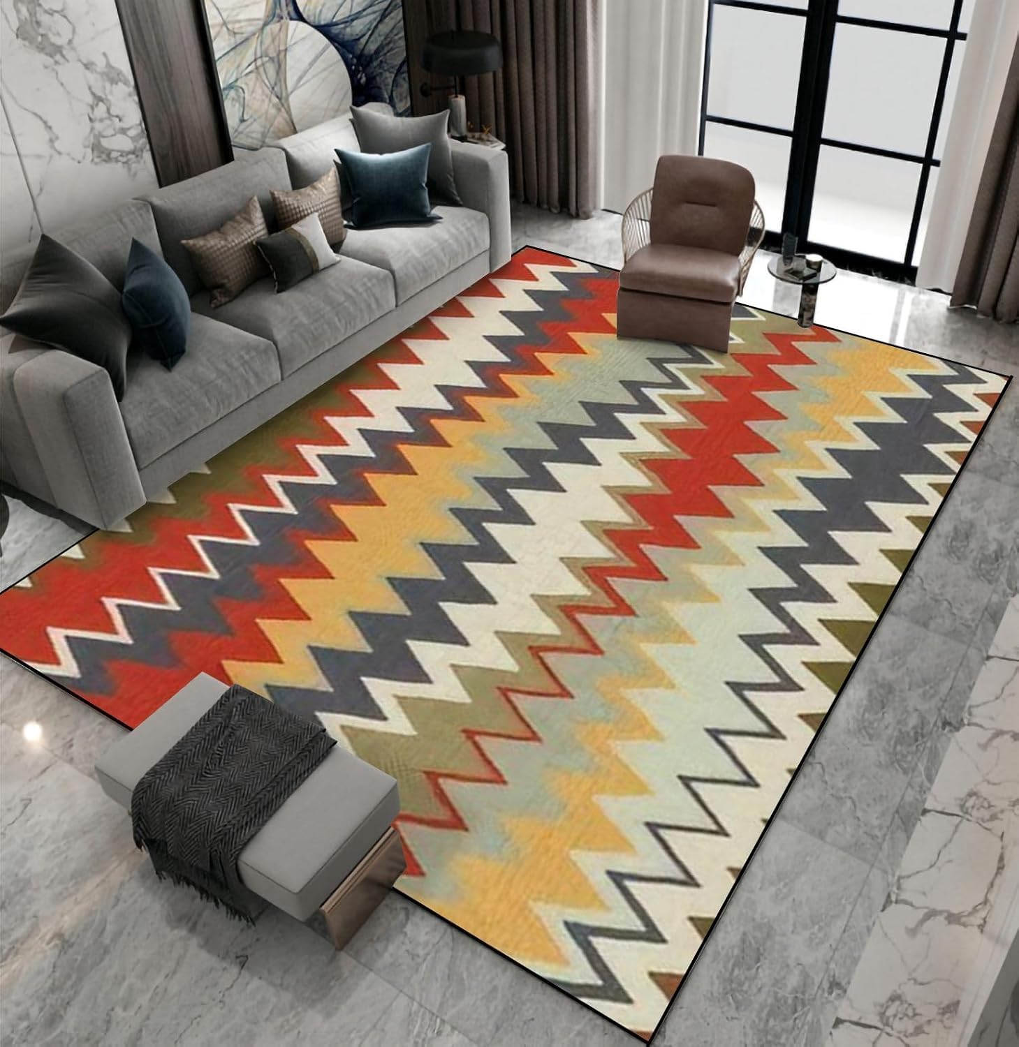 Tapis de salon moderne 3D à rayures abstraites et finitions haut de gamme