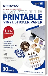 11x17 Printable Vinyl Sticker Paper Waterproof, Removable Self Adhesive Vinyl Sticker Sheets for Inkjet and Laser printer, 30 Pack, Tabloid Size, Matte White