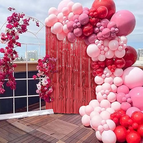 Miniatura 6 de Crosize Paquete de 3 cortinas de flecos de papel de aluminio rojo de 3.3 x 9.9 pies, decoración de fiesta, telón de fondo de cortina de oropel rojo