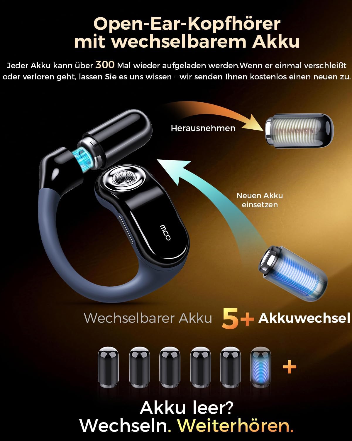 OJW Casque Bluetooth ouvert avec batterie remplaçable et batterie de rechange, jusqu'à 96 heures de lecture, casque Bluetooth avec microphone ENC, étanche IPX7 pour le sport, compatible avec iOS et