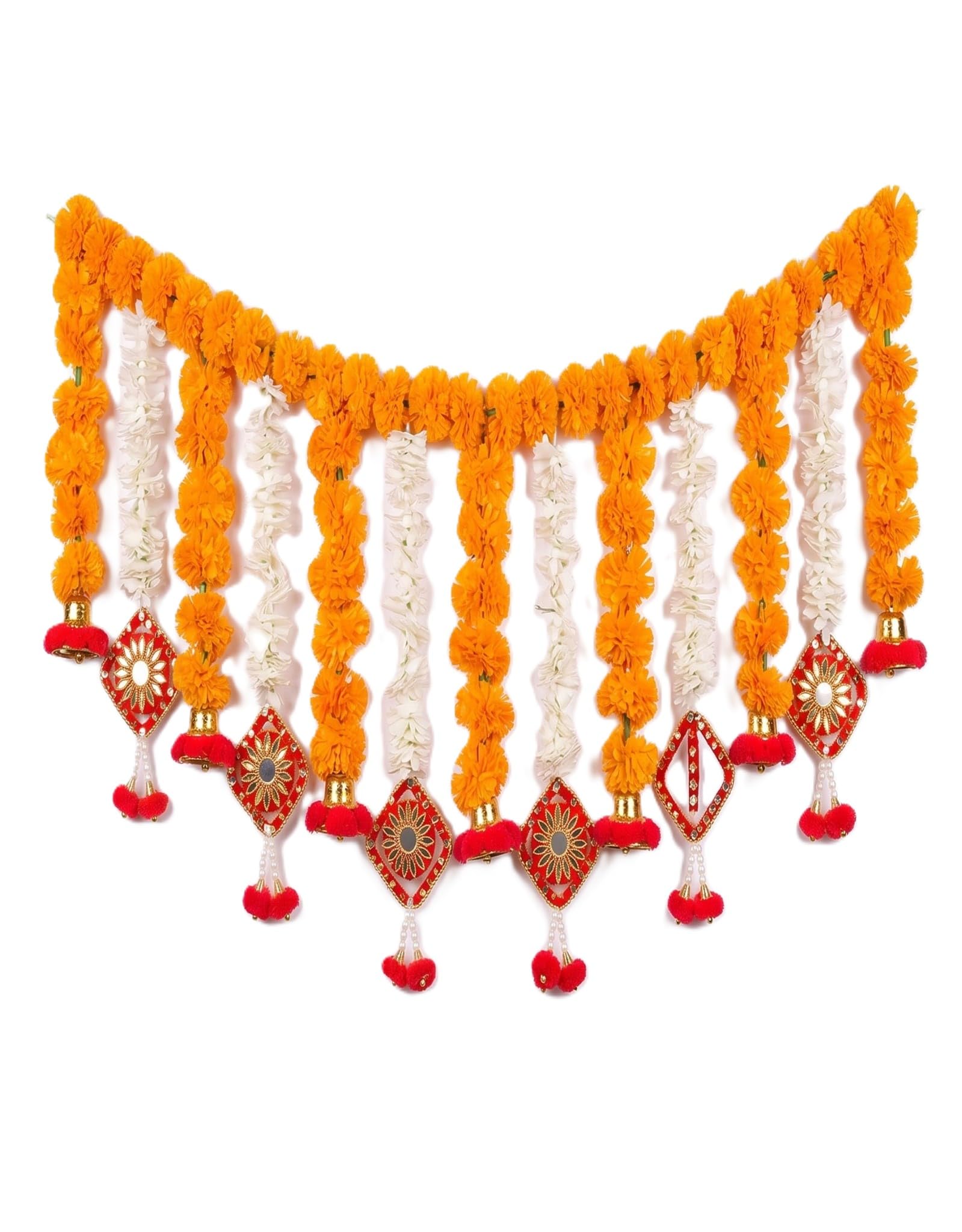 Indian handcrafted diwali marigold jasmine toran with bell, perals and mirrors door hangings decor wedding mehndi party