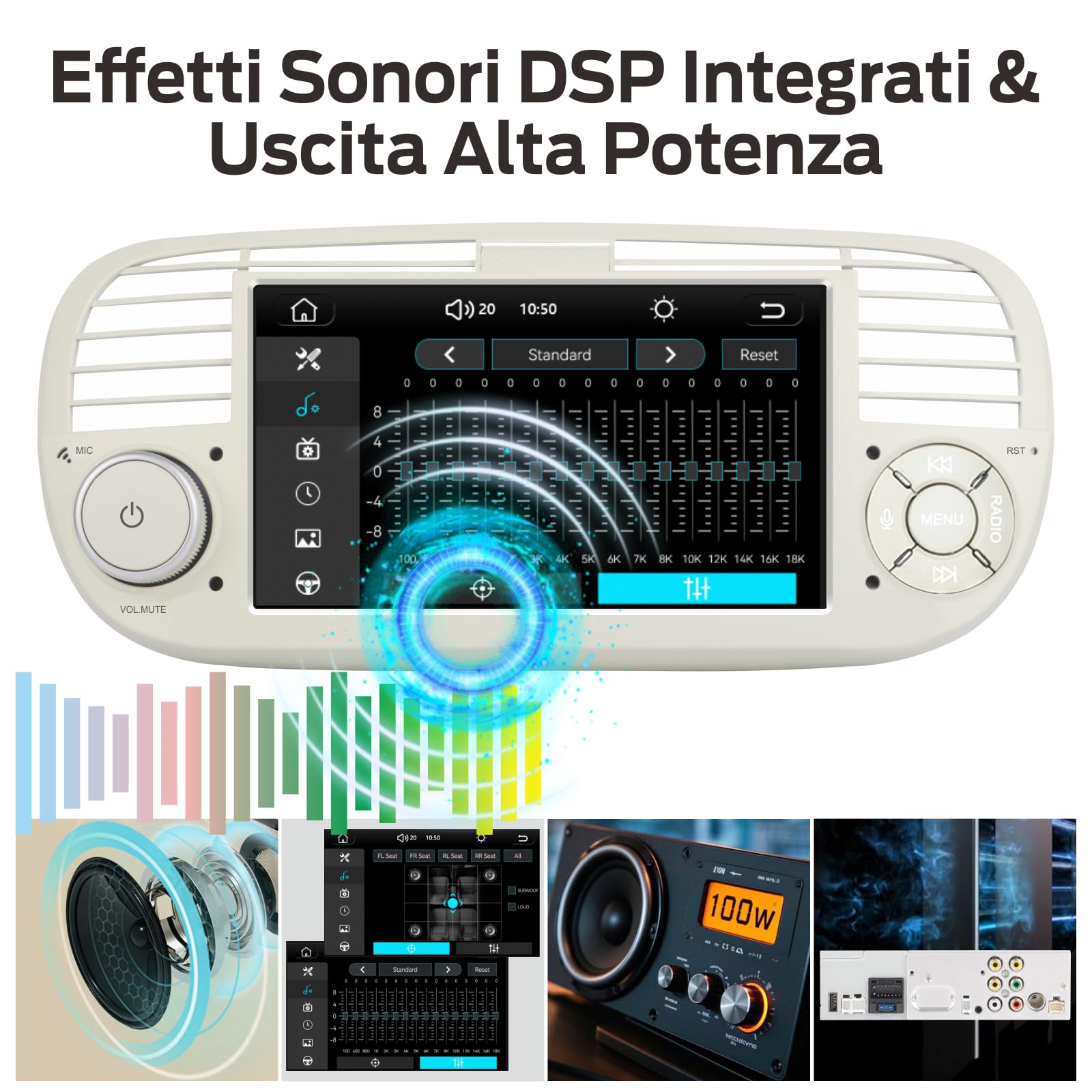 Autoradio Linux Avvio Lampo Compatibile 500 2007-2015 Fiat | Installazione Rapida | CarPlay/Android Auto Wireless/Bluetooth/FM/AM/RDS/USB | DSP 100W | Bianco