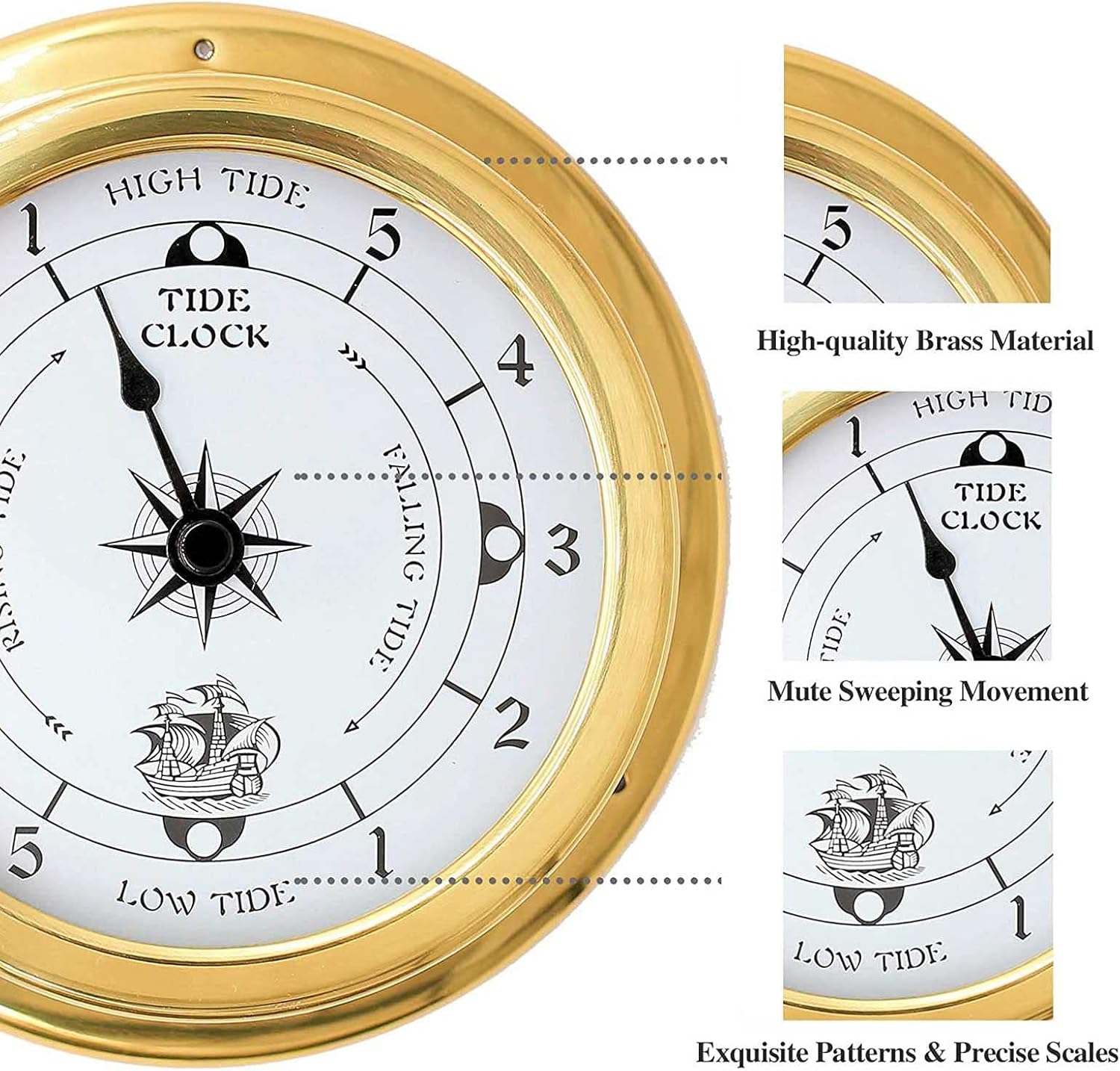 BTZHY Wall Clock,Tide Clock,Brass Nautical Wall Clock,Tide Clock High Tide Low Tide,Nautical Wall Clock for Wall Decor,Boat Accessories