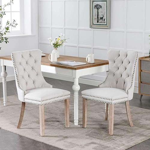 Silla de comedor tapizada contemporánea sin brazos con patas de madera con diseño de cabeza de clavo, juego de 2, beige