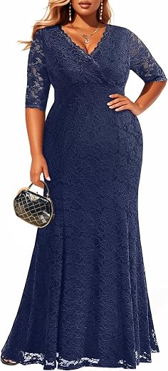 Plus Size Bridal Wedding Dresses - Mermaid Evening Dress Wrap Collar Lace Dress