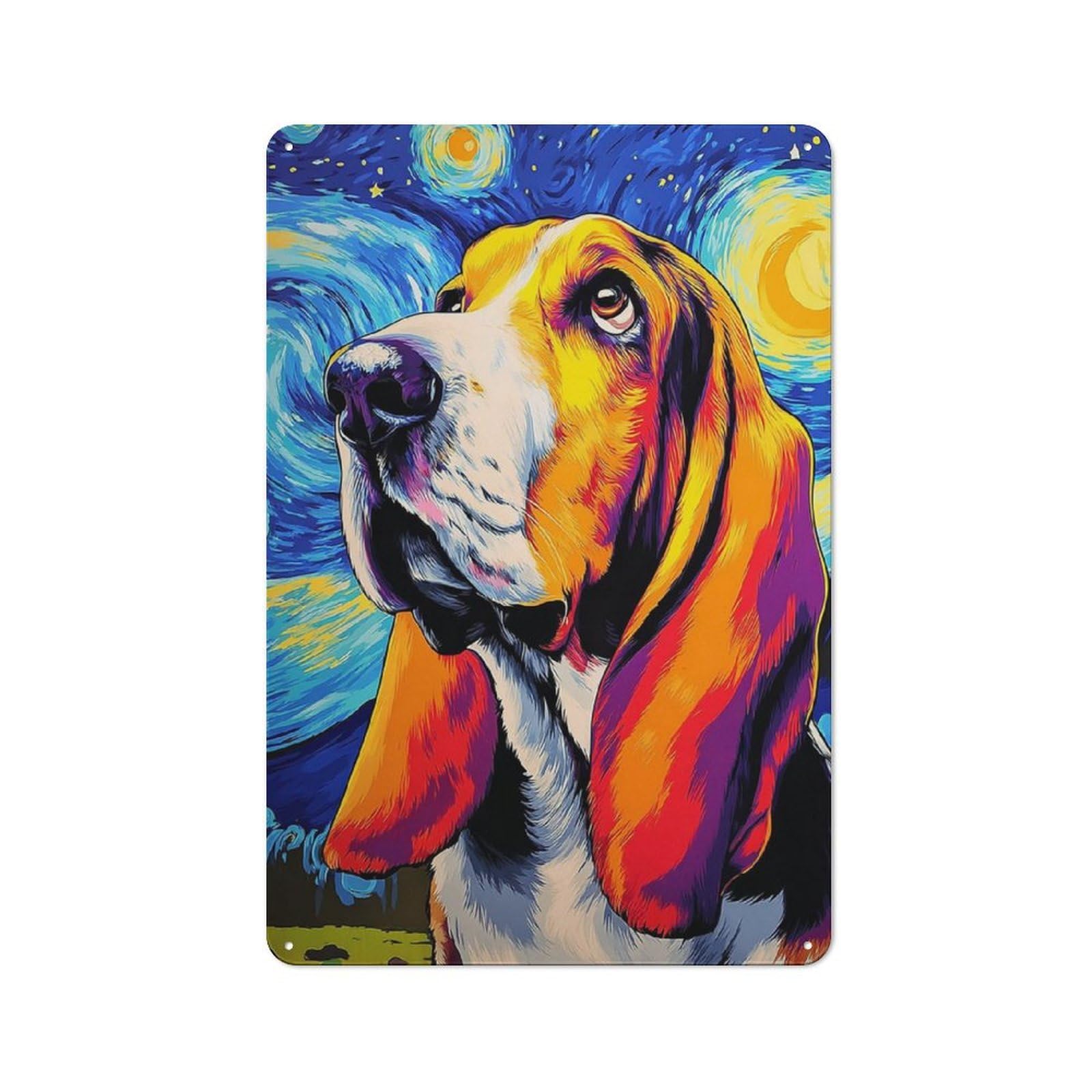 Junmoney Starry Night Basset Hound -2 Metal Sign 30X20cm, Vintage Bar Wall Plaque For Diner, Restaurant, Shed Or Kitchen