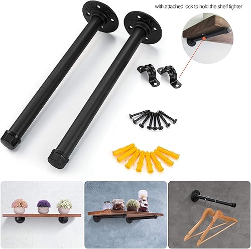 Miniatura 3 de Elibbren - Soportes de estante de tubo de hierro negro industrial, paquete de 4 unidades, soportes de estantería vintage de 13.7 pulgadas, para
