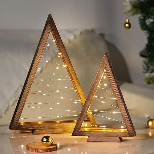 Árbol de Navidad de madera con luces, moderno árbol de Navidad de madera iluminado para el hogar, mesa, chimenea, chimenea, decoración de estantes,