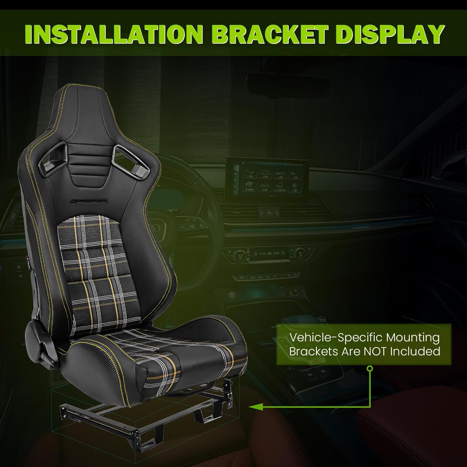Universal Pairs of Racing Seat with Dual Sliders, PU Leather & Plaid Front+Carbon Leather Back Reclinable Bucket Seat, Black+Yellow Plaid w/LOGO