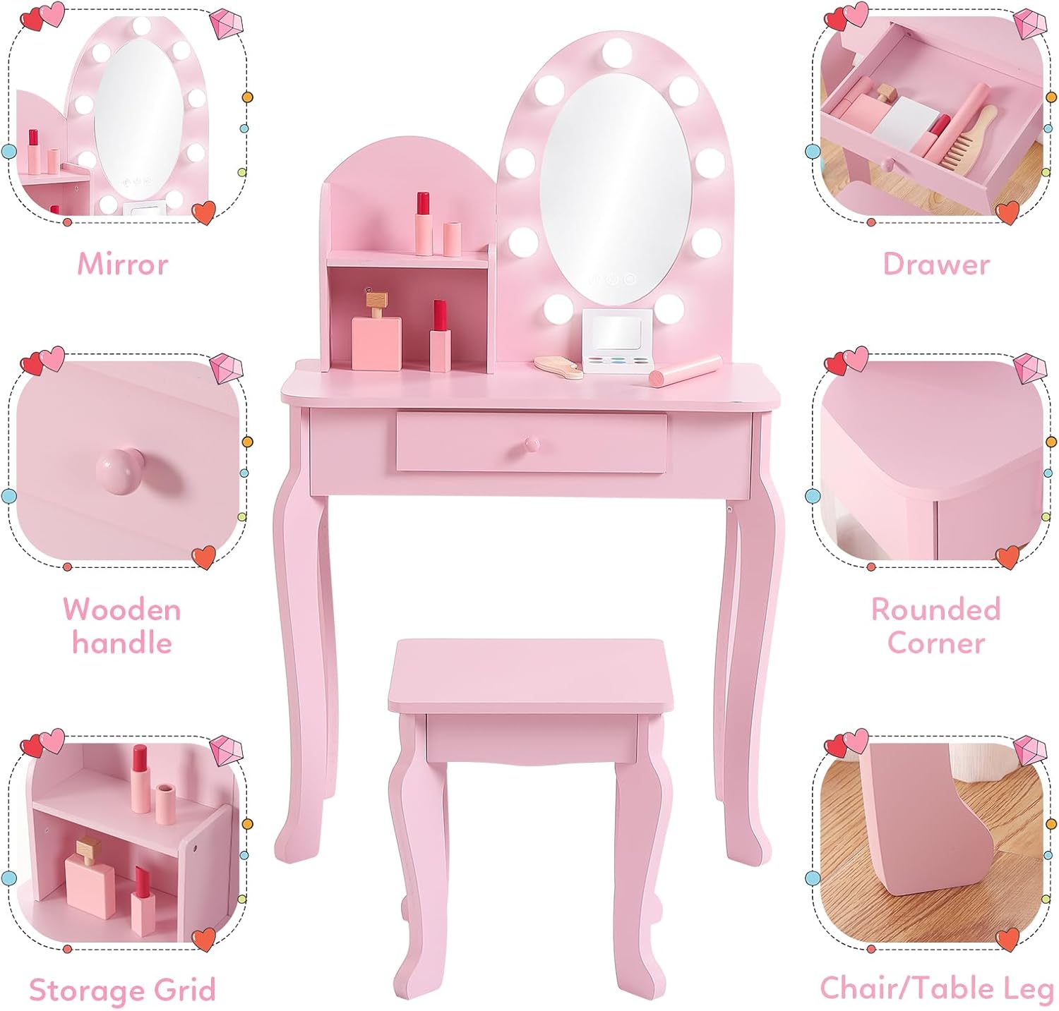 GAOMON Lighted Mirror Kids Vanity Set with Stool – Wooden Makeup Table for Girls, 3 Light Modes, Storage Drawers, Pretend Play Furniture for Toddlers Ages 4-9 – Pink