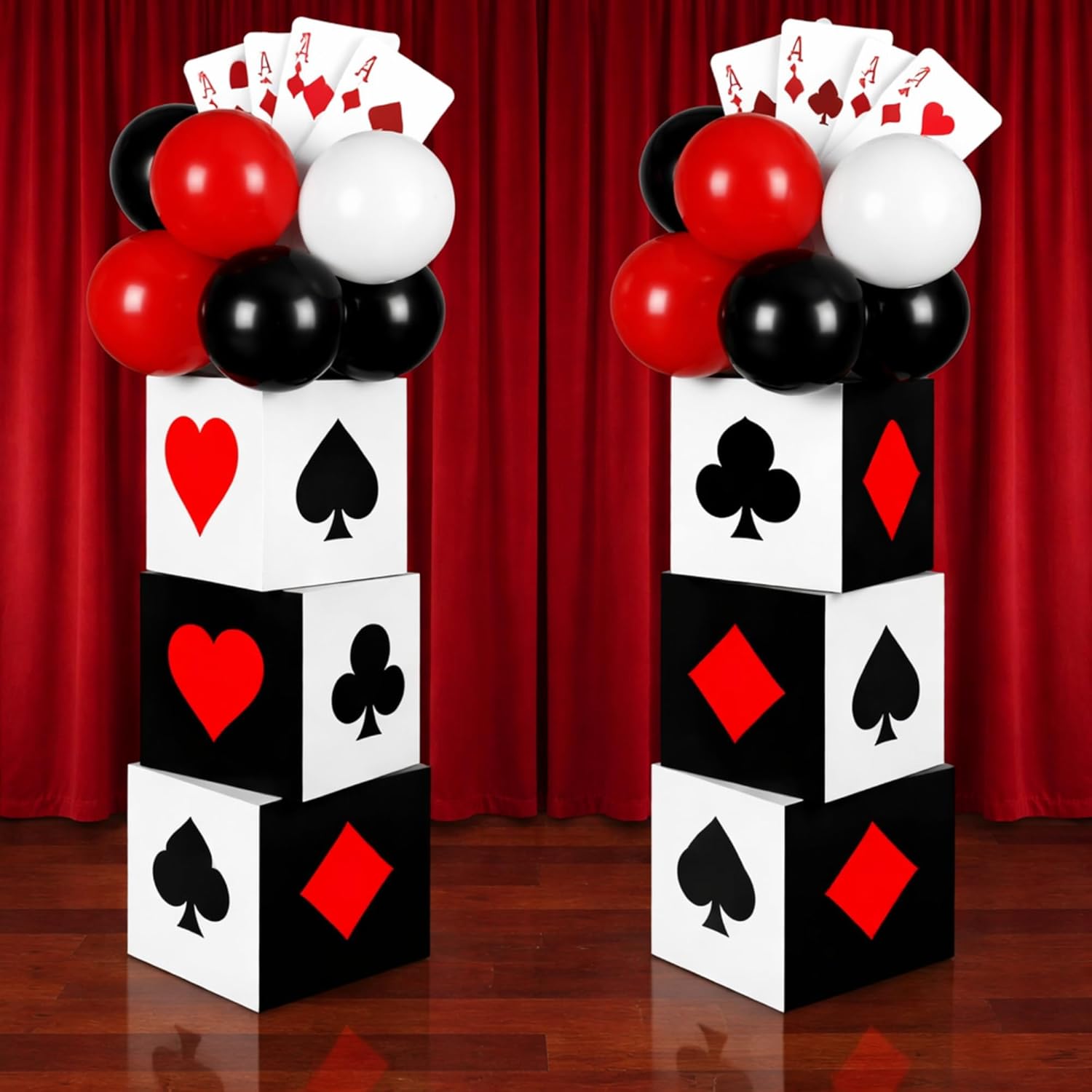 60 Pcs Large Dice Boxes Casino Themed Party Decorations Set 6 Pcs 11 Inch Casino Dice Boxes 6 Jumbo Poker Cards Accessory 48 Red Black and White Balloon for Las Vegas Game Night Party Decor