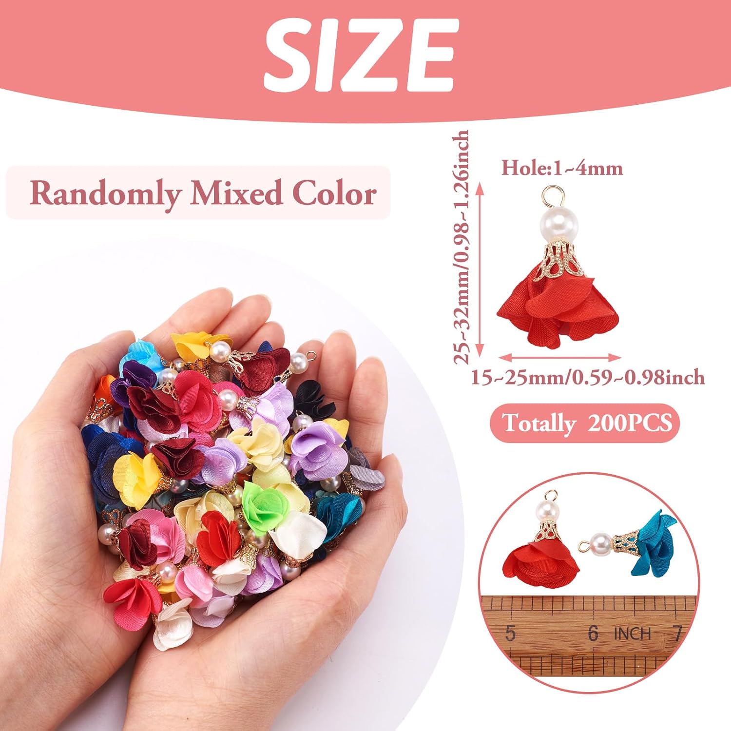 Cheriswelry 200pcs Cloth Fabric Flower Pendants Acrylic Pearl Floral Petal Tassel Charms with Golden Filigree Flower Metal Cap Mixed Color for DIY Earrings Keychain Jewelry Making Crafts 25-32mm - Image 2
