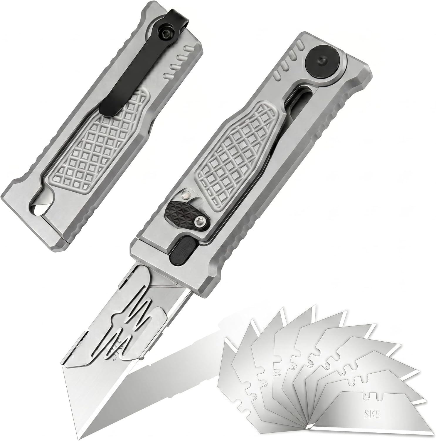 cckk Aluminum Utility Knife, EDC Retractable Box Cutter pocket Knife with 10PCS Razor Blades, Safty Heavy Duty Box Cutter with Clip,Silver