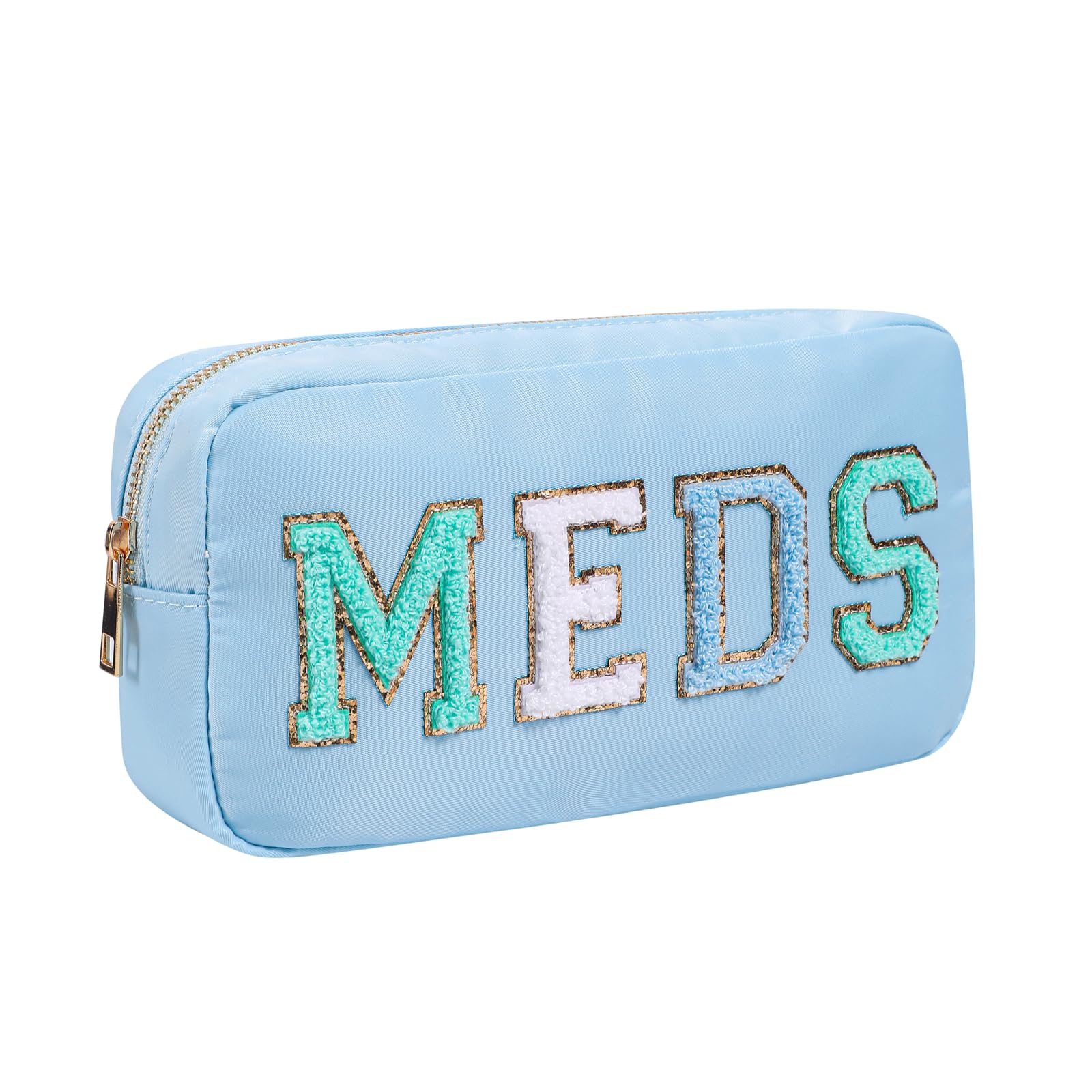 Chenille Letter Patch Nylon Medicine Packages,Cute MEDS Travel Makeup Bag with Metal Zipper, First Aid Purse Organizer Cosmetic Bag for Women and