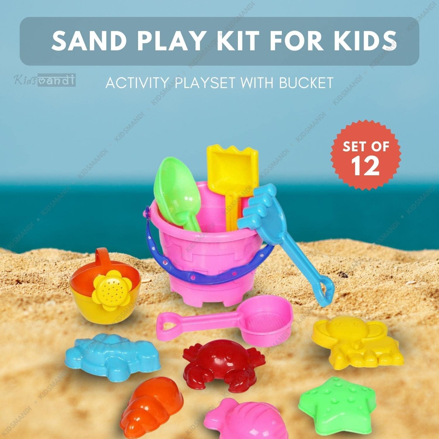 Kids Mandi 12PCS Beach Sand Kit Toy Set for Toddlers | Bucket, Shovels & Fun Molds | Outdoor Play Kit for Kids | Creative Beach & Garden Activity Toys (Color May Vary) 1