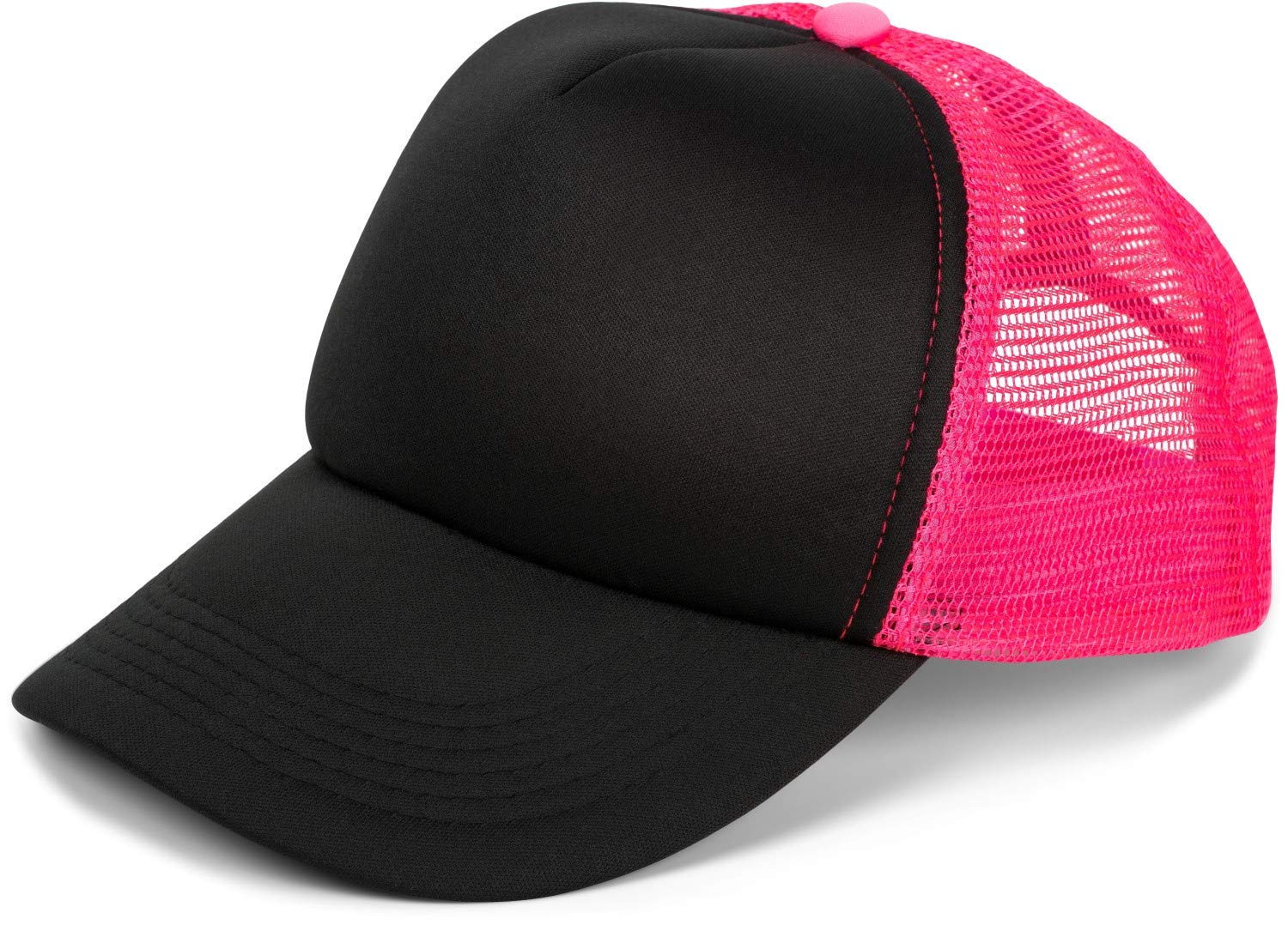 Stylebreaker Unisex Black-Neonpink 5-Panel Mesh Cap, Trucker Baseball Cap, Adjustable Click And Snap Closure, Cap 04023007, Colour: