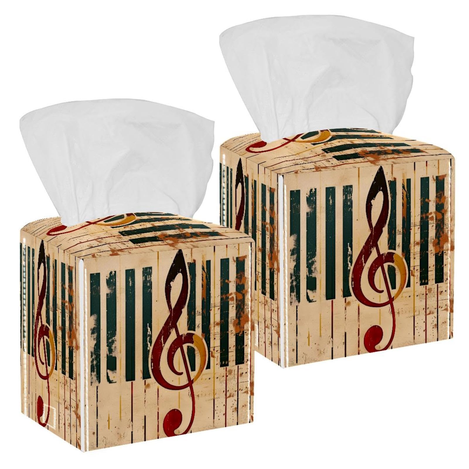 Vintage Music Note Tissue Box Cover, 2 Pack PU Leather Square Facial Tissue Dispenser Box holder for Home Office Car