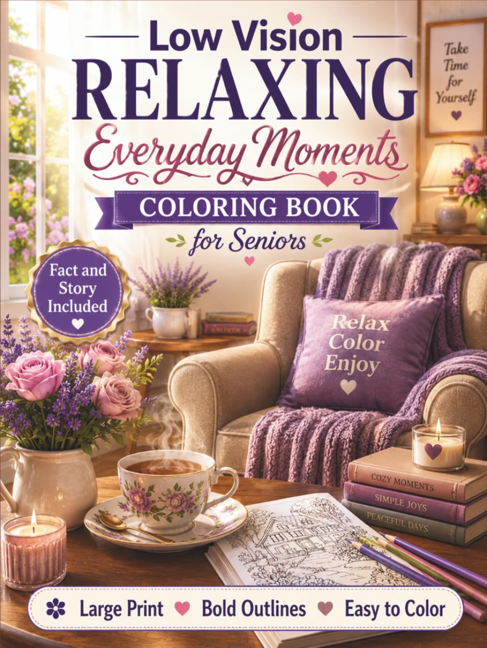 Low Vision Relaxing Everyday Moments Coloring Book for Seniors: 50 Large Print, Bold and Easy Designs Featuring Cozy Daily Life Scenes for Relaxation, Stress Relief, and Comfortable Coloring