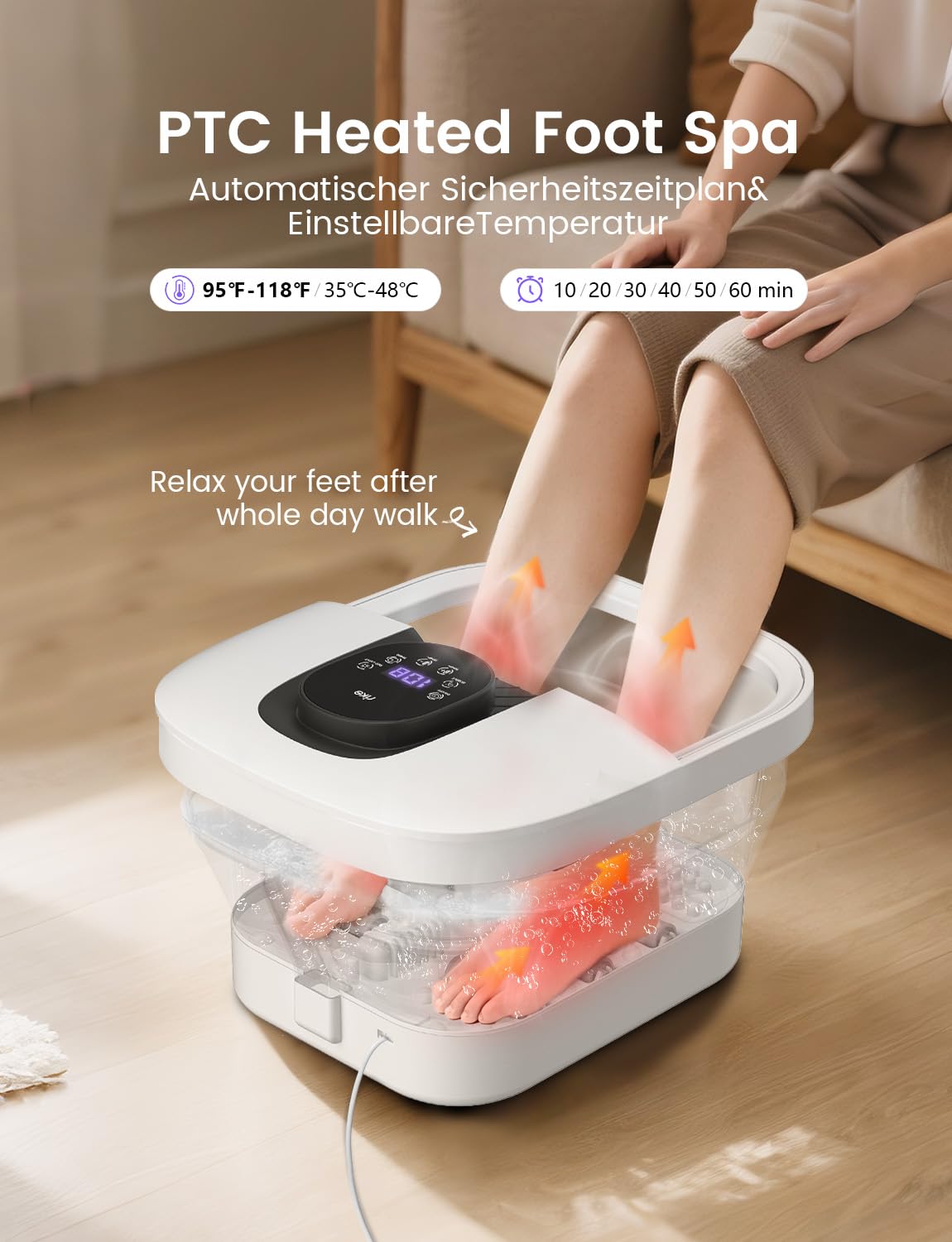 RIKE Pediluvio pieghevole con riscaldamento rapido PTC e massaggio, massaggiatore per piedi pieghevole con controllo preciso della temperatura LCD e luce rossa, regalo di benessere per anziani e