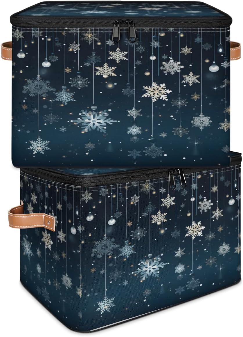 Storage Bin Set of 2 Snowflahe Pattern Storage Basket with Zipper Lid & Handle Foldable Closet Shelf 2 Pack Cloth Organizer Basket Cube Bins Clothes Organizer for Bedroom, Nursery