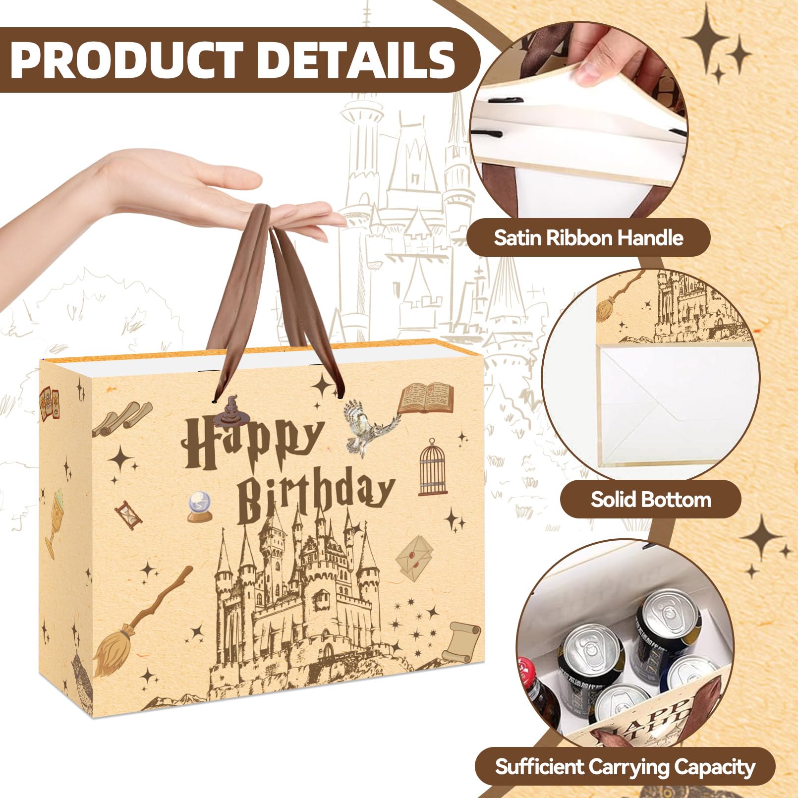 EIGHTSTATES Wizard Happy Birthday Gift Bag - Castle Birthday Party Favors with Greeting Card & Tissue Paper Envelope for Boys/Girls - Halloween Bday Decor for Wizard Parties, Baby Showers