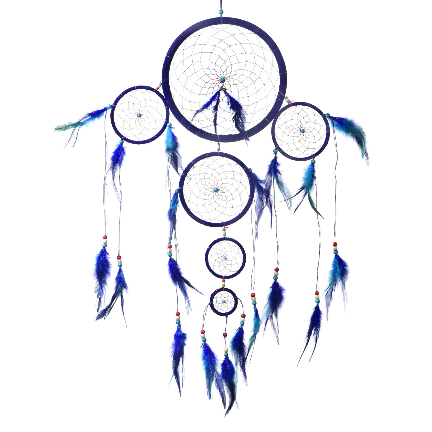 Dondon Blue With Rainbow Colours Ø 11.02 - 28 Cm Big Xxl Size Dreamcatcher For Good Dreams With Pearls And Real Feathers Blue With Rainbow Colours Ø 11.02" - 28 Cm