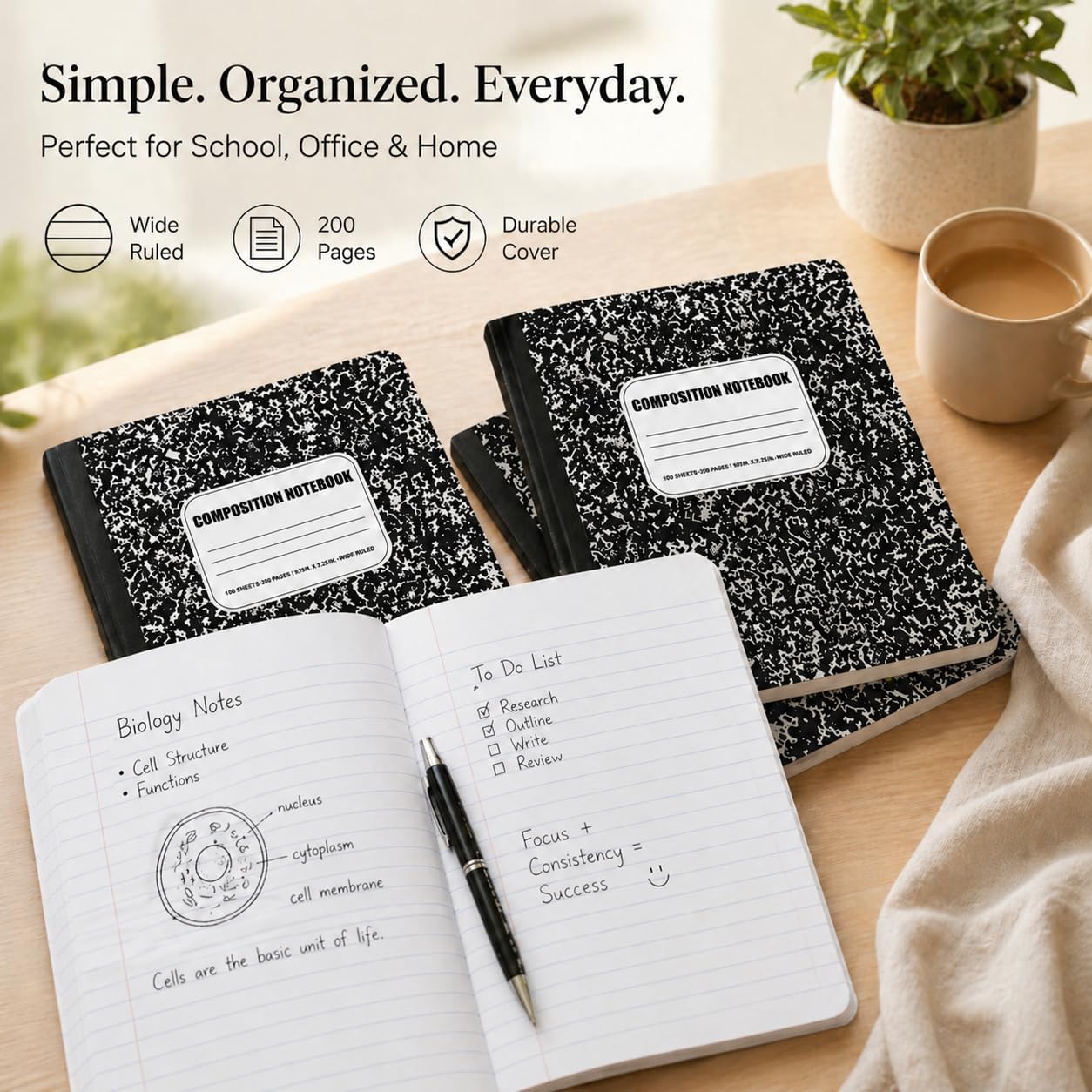 CLEENTABLE Composition Notebook 12 Pack, Wide Ruled Paper, Marble Cover Notebooks for School, 9.75 x 7.5 Inches, 100 Sheets (200 Pages), Sewn Binding Comp Books, Black