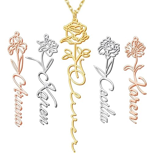 Kurafeel Birth Flower Necklace Custom Name Necklace Personalized Birth Month Dainty Flower Necklace in 18K Gold Plated Engrave Birth Flower Name