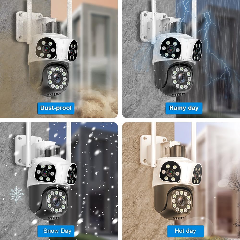 Four images showing the camera's durability in different weather conditions: dust-proof, rainy day, snow day, and hot day.