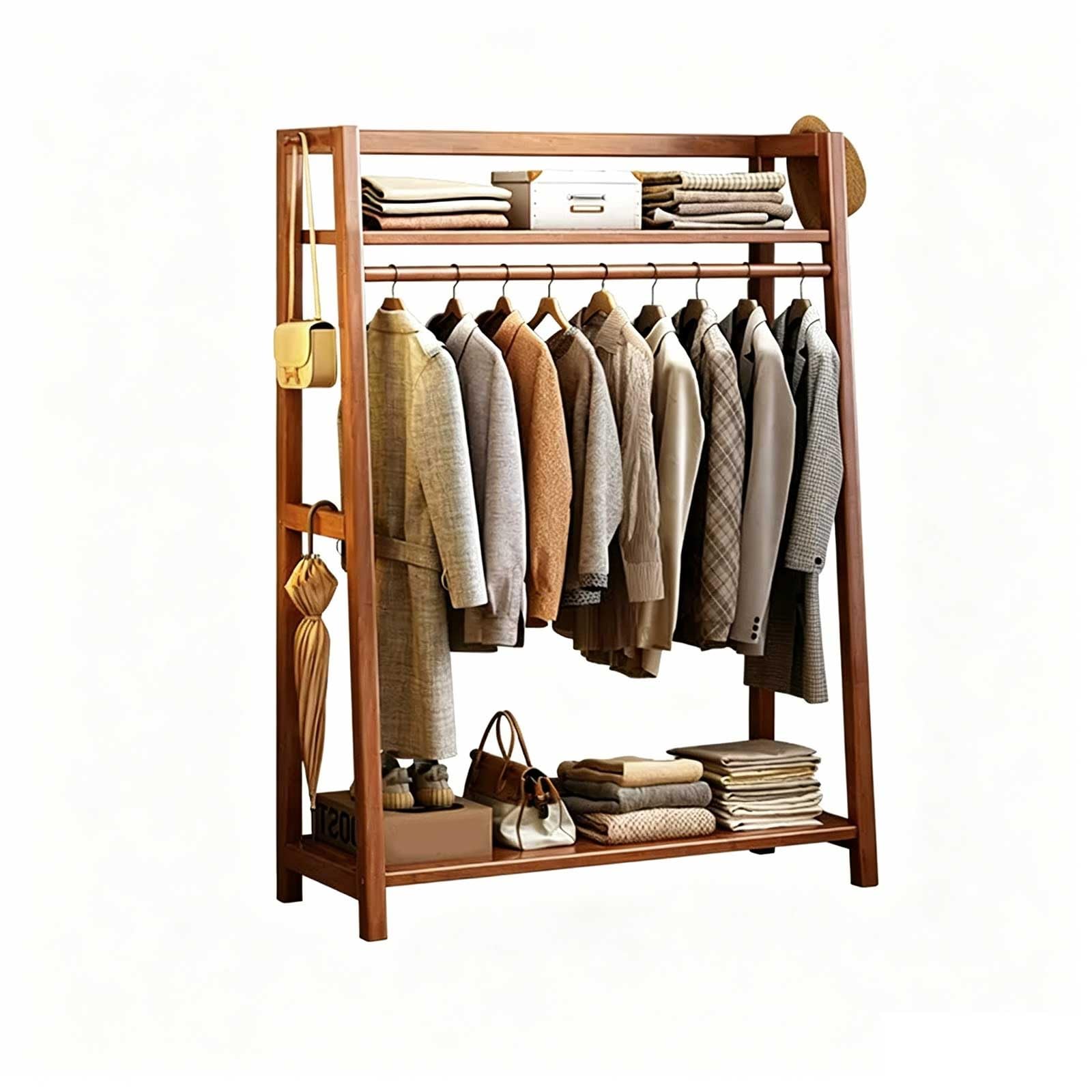 KIBONCY Wooden Clothes Rack with Drawers and Storage Shelves, Freestanding Open Wardrobe Organizer, Multifunctional Garment Rack(A2,100x40x170cm)