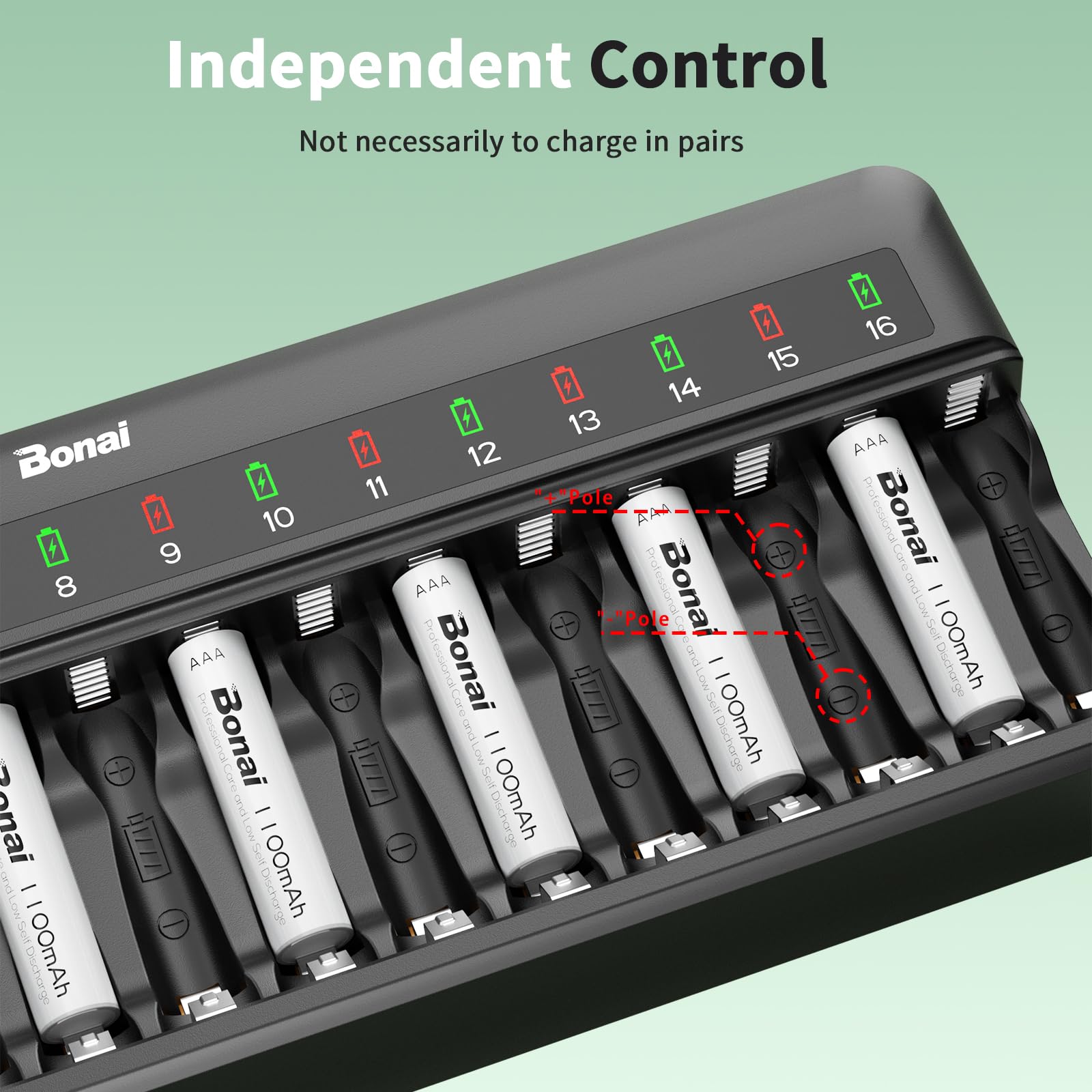 Rechargeable AAA Batteries With Charger,BONAI 16 Pack Aaa Rechargeable Batteries And 16 Bay Battery Charger For Aa Aaa 1100mah High Capacity Round Design Charger