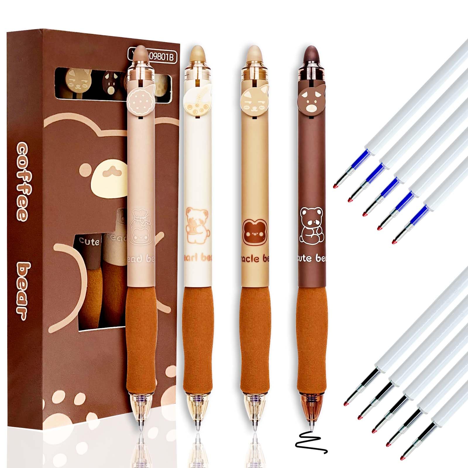 Joyek 4 Bolígrafos Borrables Boli Borrable Retráctile 0,5 mm con 10 recambio boligrafo borrable Mango de Goma Suave Set de Boligrafos Borrable para Estudiantes, Oficina, Papelería (Azul, Negro)