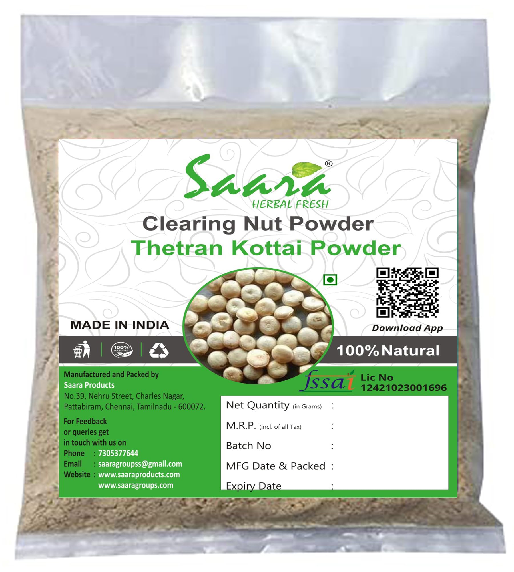 Saara HERBAL FRESH Thetran Kottai Powder, 100g, Strychnos potatorum, Nirmali Seed Powder, Clearing Nut Powder, Samaashodhan Akharot Powder, Tettamparal Powder, 100g (pack of 1 x 100g) (B098JNX19D) Amazon Price History, Amazon Price Tracker