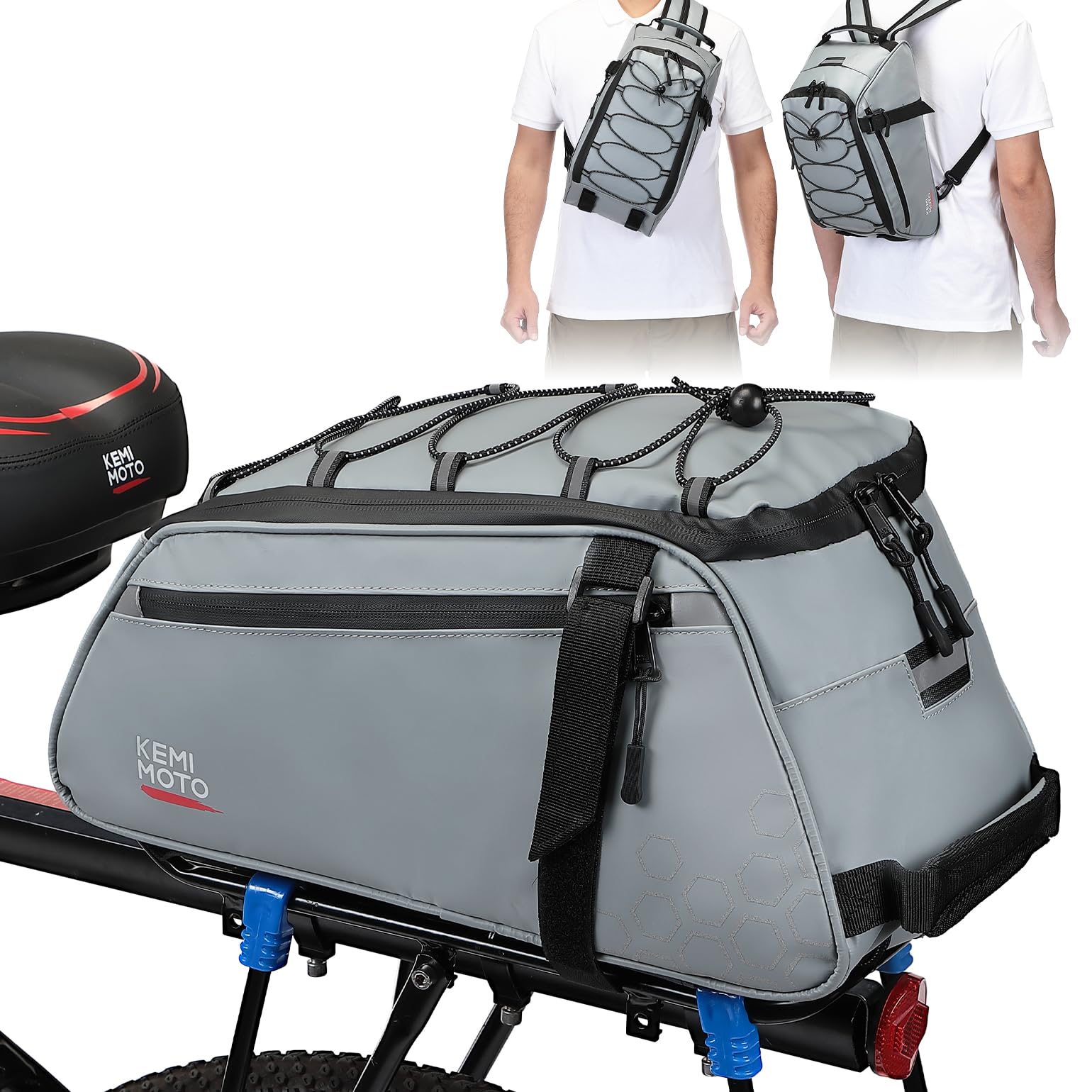 KEMIMOTO Rear Bike Rack Bag 11L, Water-resistant 3 IN 1 Bicycle Trunk Bag Cycling Luggage Saddle Shoulder Pack for Road Mountain Ebikes, Storage