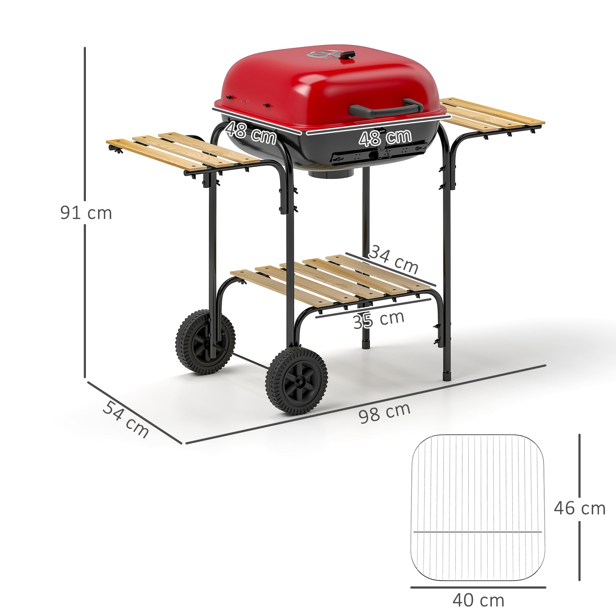 Outsunny Holzkohlegrill Tragbarer BBQ Grill mit 1840cm² Kochfläche, 3 Ablagen, verstellbarer Entlüftung, abschließbarer Deckel, Räder für Kochen im Freien, Gartenparty, Rot | 1840 cm² Kochfläche, verstellbarer Lüftungsschlitz, verschließbarer Deckel, Räde