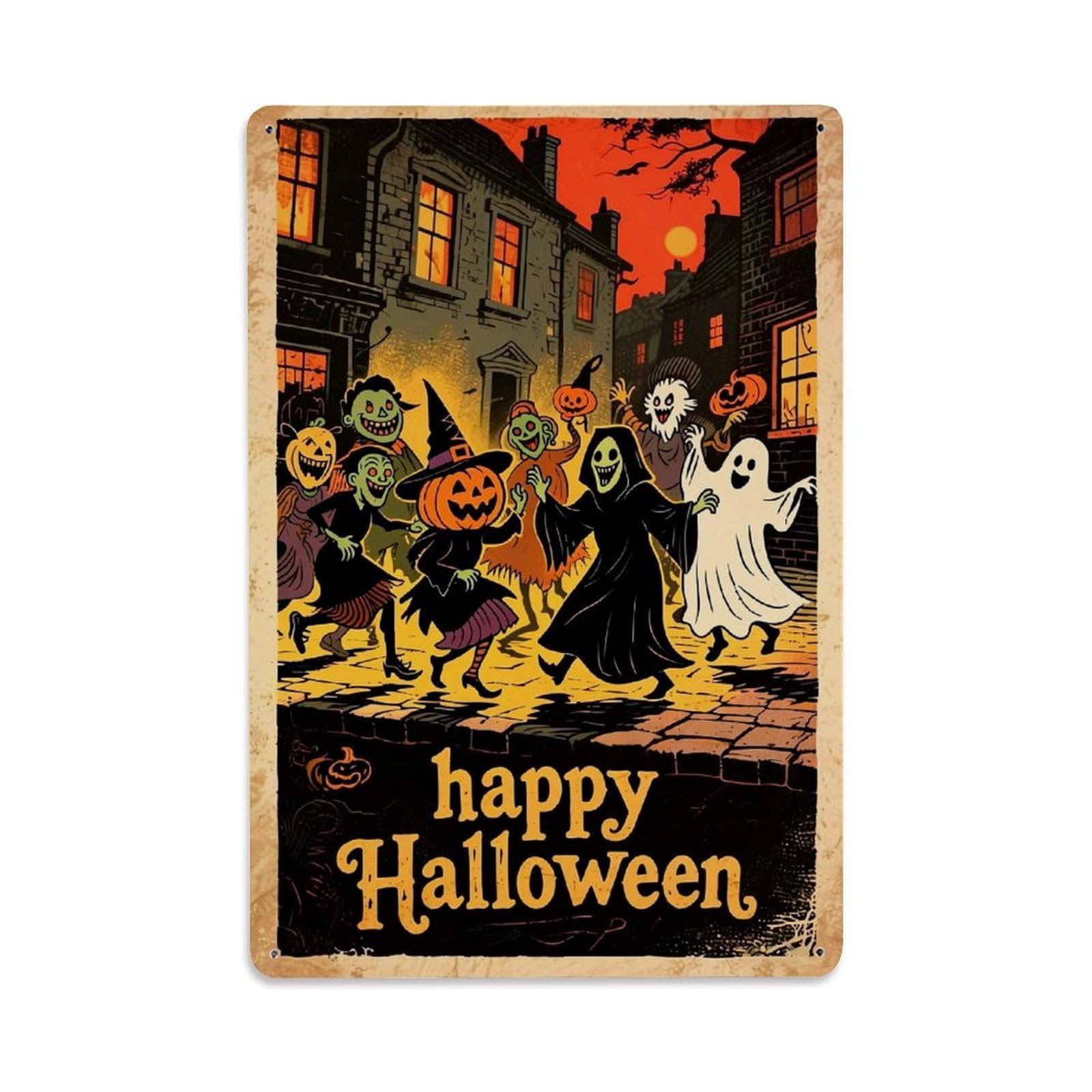 Jdfenggu Vintage Happy Halloween Ghosts Pumpkins Witches Retro Metal Tin Sign, Decor Art Poster For Bar, Home, Man Cave, Kitchen, Laundry Room Gift 8X12inch
