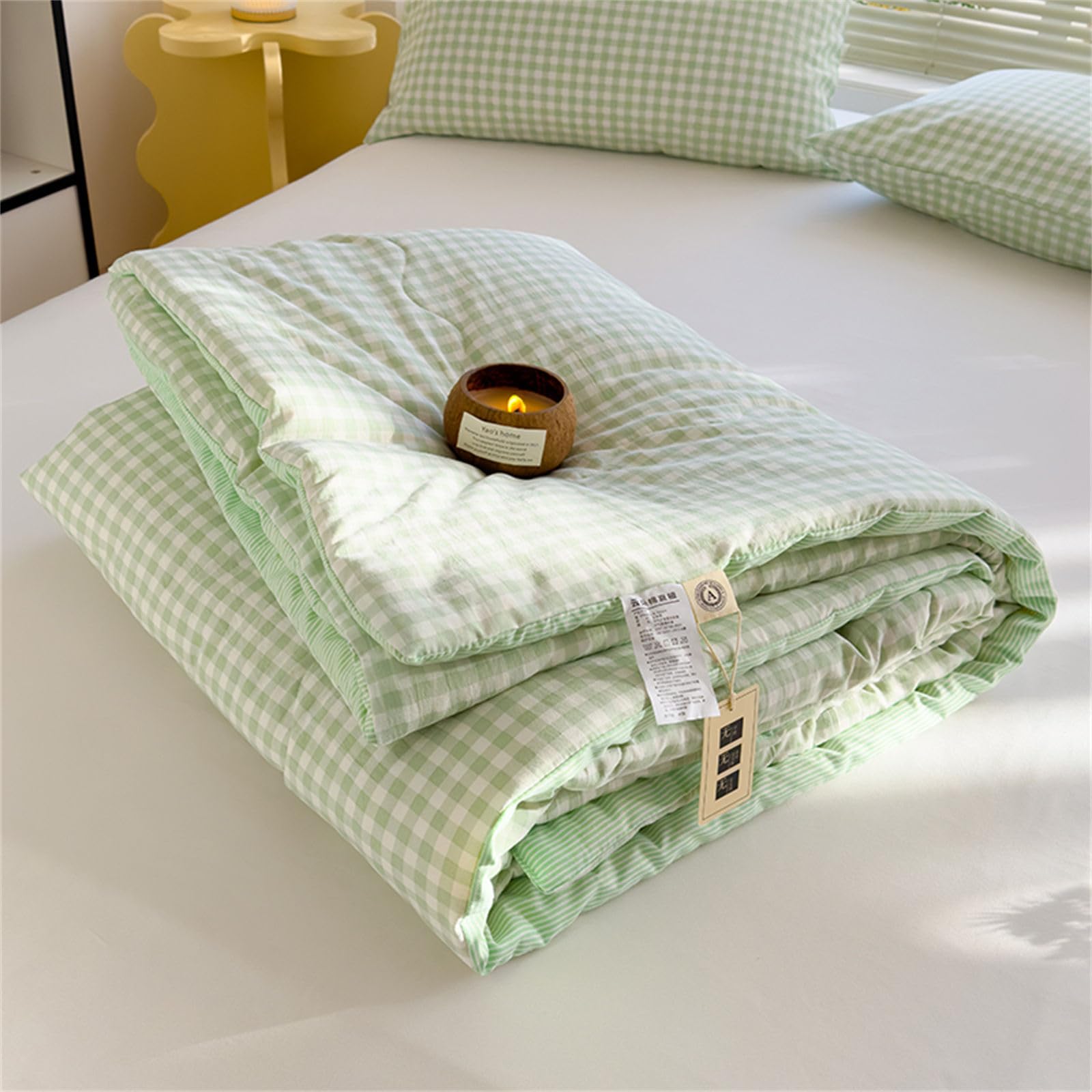 Chickwin Gingham Plaid Quilted Bedspread, Microfibre Soft Warm Quilt Bedspread Reversible Bed Coverlet Bed Quilt Throw Single Double King Size, Bedroom Decor/All Season (Light Green,150x200cm)