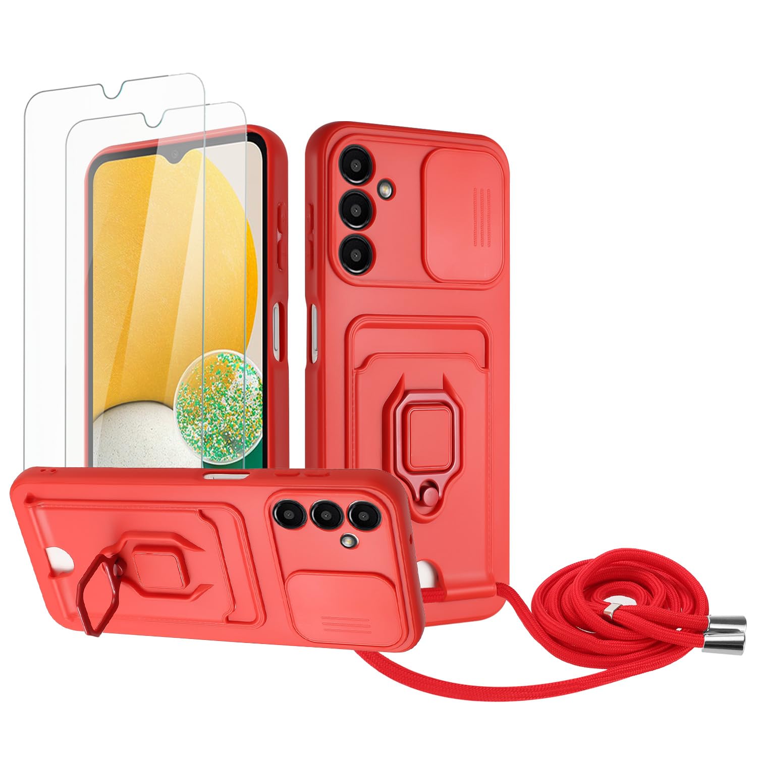 Zallagre Funda con Cuerda Compatible con Redmi Note 13 Pro 5G,[2 Packs Cristal Templado],Ranura para Tarjetas,Cubierta de Cámara Deslizante Proteger,360 Anillo Soporte-Morado — view 48