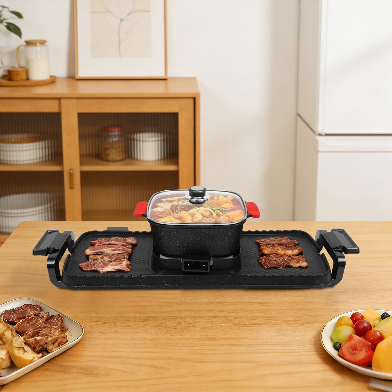Electric Hot Pot und grill Eléctrico Hotpot - Olla eléctrica 2 en 1, con tapa transparente para interior, coreana, barbacoa, tailandés, fondue, Raclette para 6 personas, 5 velocidades de