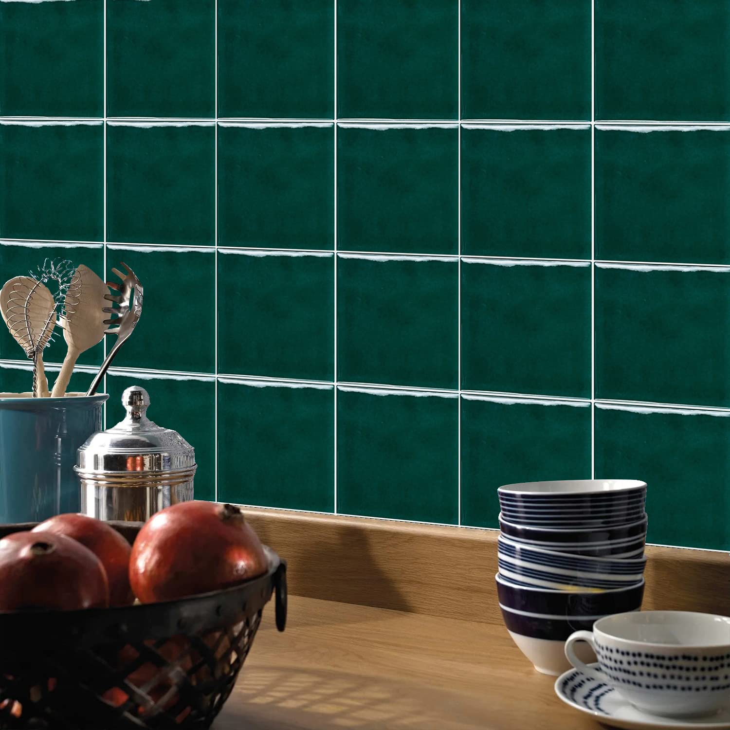 Alwayspon Green Mosaic Effect Thick Tile Sticker, Vinyl Peel and Stick Self-Adhesive Splashback Waterproof Stick on Tile Transfer Sticker for Kitchen Bathroom Wall, 15x15cmx10pcs - Image 4