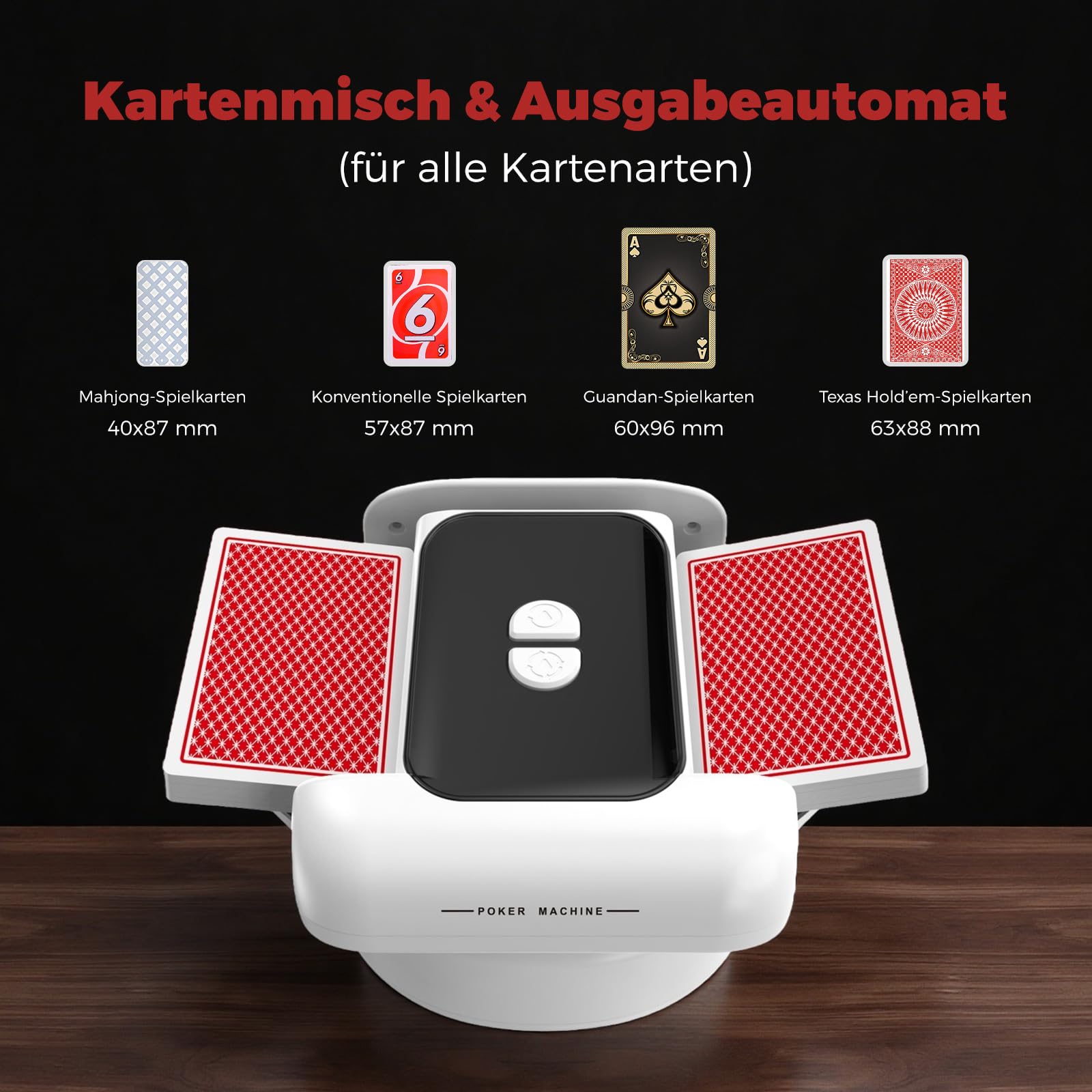 Automatischer Kartenmischer, 2 Laufmodi, Aufladbar mit Langzeit-Batterie, Geräuschlos, für UNO, Poker, Black Jack Karten, Schwarz (Schwarz & Weiß)
