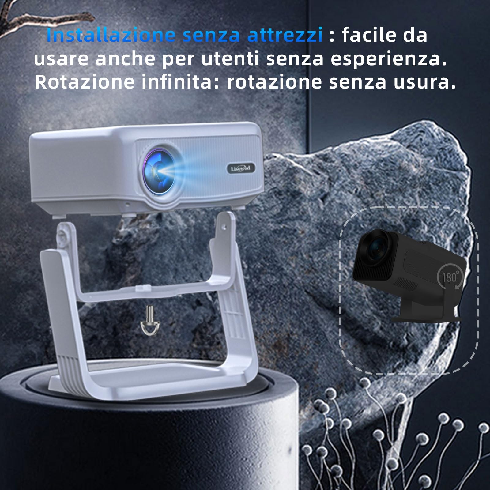 【E-Focus&Auto Keystone】Mini Proiettore 1080P Full HD 4K Support, Lisowod Portatile Videoproiettore Wifi Bluetooth con Base Ruotabile di 360°, Home Cinema Proiettore Compatibile con phone/PC/HDMI/USB